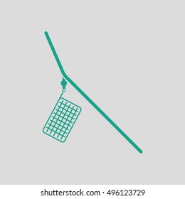 Icon of  fishing feeder net. Gray background with green. Vector illustration.