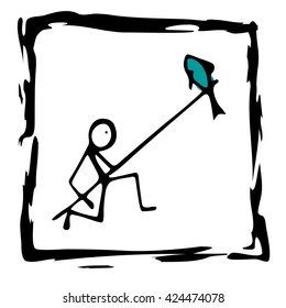 Icon fishing. The man with the fish. Food in the wild. Survival. Print.