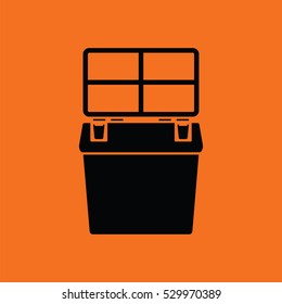 Icon of Fishing opened box. Orange background with black. Vector illustration.