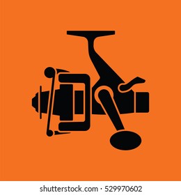 Icon of Fishing reel . Orange background with black. Vector illustration.