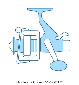Icon Of Fishing Reel. Thin Line With Blue Fill Design. Vector Illustration.
