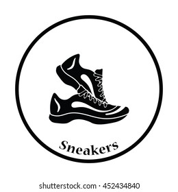 Icon of Fitness sneakers. Thin circle design. Vector illustration.