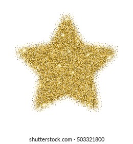 Icon of Five-pointed star with gold sparkles and glitter, glow light, bright sequins, sparkle tinsel, shimmer dust. Five-pointed star sign isolated on white background