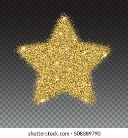 Icon of Five-pointed star with gold sparkles and glitter, glow light, bright sequins, sparkle tinsel, shimmer dust. Five-pointed star sign isolated on transparent background