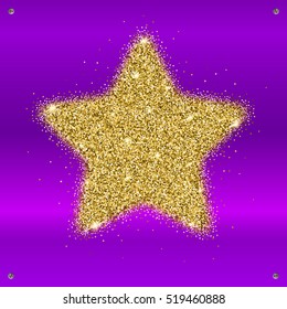 Icon of Five-pointed star with gold sparkles and glitter, glow light, bright sequins, sparkle tinsel, shimmer dust. Five-pointed star sign isolated on pink background