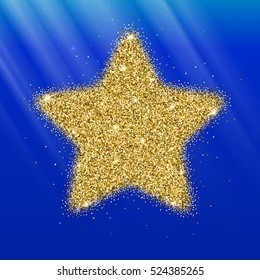 Icon of Five-pointed star with gold sparkles and glitter, glow light, bright sequins, sparkle tinsel, shimmer dust. Five-pointed star sign isolated on blue background