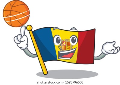 An icon of flag andorra Scroll cartoon character playing basketball