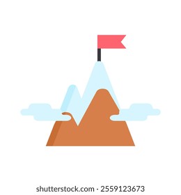 icon Flag on mountain top, clouds above, symbolizing success. Suitable for motivational content, achievements, goal setting, success factors, determination. Isolated white background editable, eps 10