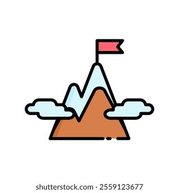 icon Flag on mountain top, clouds above, symbolizing success. Suitable for motivational content, achievements, goal setting, success factors, determination. Isolated white background editable, eps 10