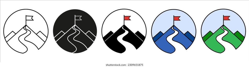 Icon with a flag on the top of the mountain. Goal concept