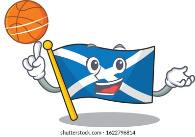 An icon of flag scotland Scroll cartoon character playing basketball