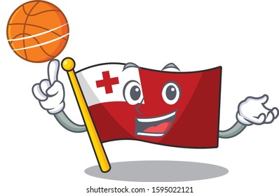 An icon of flag tonga Scroll cartoon character playing basketball