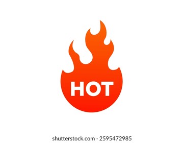 Icon of a flame with the word hot in bold letters. bright orange and white design.