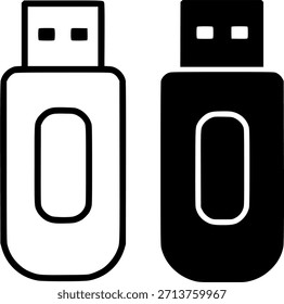 Icono, ilustración de la unidad flash USB, blanco y negro, contorno y versiones de silueta