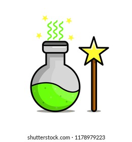 icon flask with potion and magic wand, vector illustration