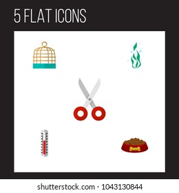 Icon flat animal set of thermometer, hound eating, scissors and other vector objects. Also includes thermometer, clippers, seaweed elements.