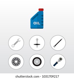 Icon flat auto set of oil jerrycan, spherical joint, wrench and other vector objects. Also includes car, jerrycan, wrench elements.