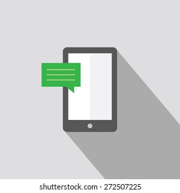 Icon flat black mobile phone with green  message of 3 lines