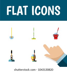 Icon flat broomstick set of bucket, broom, equipment and other vector objects. Also includes mop, sweeper, broom elements.