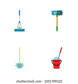 Icon flat broomstick set of cleaning, broomstick, besom and other vector objects. Also includes mop, besom, sweep elements.