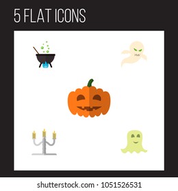 Icon flat celebrate set of cauldron, phantom, specter and other vector objects. Also includes ghost, specter, gourd elements.