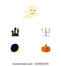 Icon flat celebrate set of gourd, phantom, candelabrum vector objects. Also includes halloween, moon, pumpkin elements.