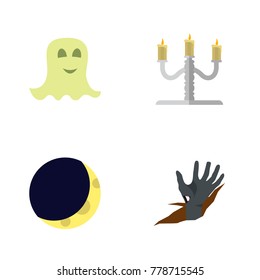 Icon flat celebrate set of half moon, specter, candelabrum vector objects. Also includes midnight, candle, specter elements.