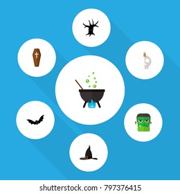 Icon flat celebrate set of skull, tree monster, zombie and other vector objects. Also includes monster, terrible, cauldron elements.