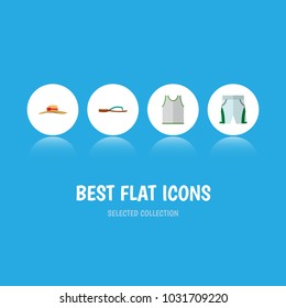 Icon flat clothes set of sleeveless tank, shorts, woman hat and other vector objects. Also includes shorts, woman, tank elements.