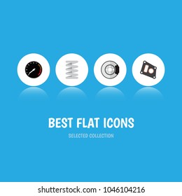 Icon flat component set of speedometer, brake disk, car spring and other vector objects. Also includes car, packing, spring elements.