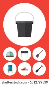 Icon flat dacha set of bucket, spade, brazier and other vector objects. Also includes shovel, container, tool elements.