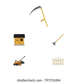 Icon flat dacha set of lawn mower, cutter, wooden barrier and other vector objects. Also includes tool, scythe, wooden elements.