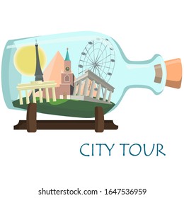 icon flat design bottle city country round the world tour