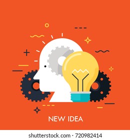 Icon with flat design element of bright idea in human head, success human solution, lightbulb lamp, eureka in problem solving. Modern style logo vector illustration concept.