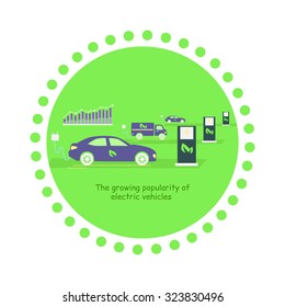 Icon flat development and growing popularity electric vehicles. Power technology, energy and electricity transportation, fuel future, alternative electrical illustration