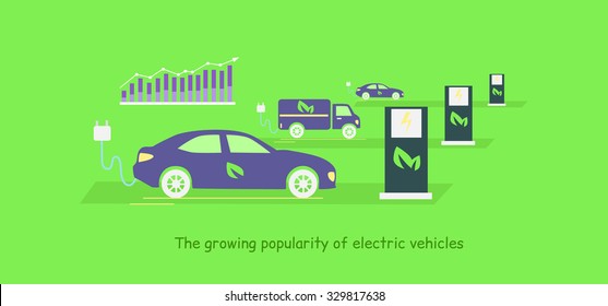 Icon flat development and growing popularity electric vehicles. Power technology, energy and electricity transportation, fuel future, alternative electrical illustration