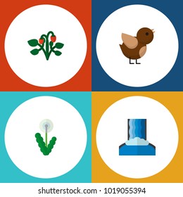 Icon flat ecology set of strawberry, waterfall, sparrow and other vector objects. Also includes wing, dandelion, flower elements.
