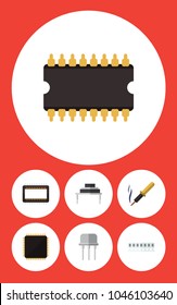 Icon flat electronics set of microprocessor, ram, cpu and other vector objects. Also includes processor, unit, transistor elements.