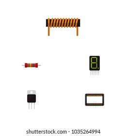 Icon flat electronics set of unit, calculator, transistor and other vector objects. Also includes bobbin, unit, receiver elements.