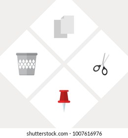 Icon flat equipment set of blank, pin, bin and other vector objects. Also includes trashcan, paper, basket elements.