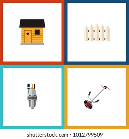 Icon flat farm set of fence, barn, tool and other vector objects. Also includes equipment, wooden, lawn elements.