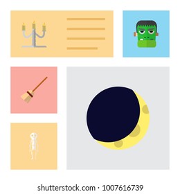 Icon flat festival set of candelabrum, witch broomstick, zombie vector objects. Also includes moon, midnight, cranium elements.