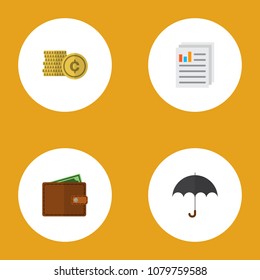 Icon flat finance set of paper, coin, umbrella and other vector objects. Also includes beach, document, pocketbook elements.