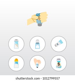 Icon flat flavor set of shaker, saltshaker, spicy and other vector objects. Also includes salt, shaker, spicy elements.