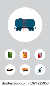 Icon flat fuel set of ship, oil pump, jerrycan and other vector objects. Also includes oil, jerrycan, fuel elements.