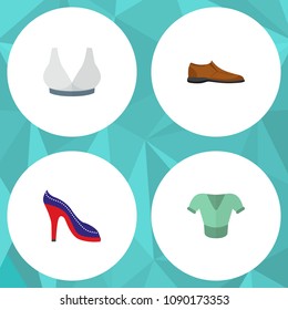 Icon flat garment set of man shoe, blouse, sport bra and other vector objects. Also includes blouse, clothes, man elements.