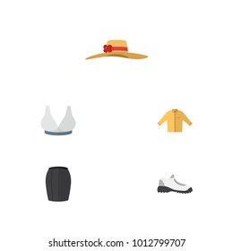 Icon flat garment set of shirt, sport bra, woman hat and other vector objects. Also includes woman, hat, breast elements.