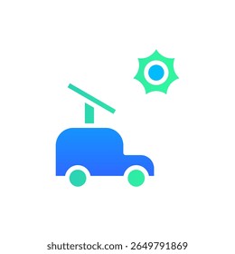 Icon Flat Gradient electric car powered by solar panel. Free energy, ecology, renewable, green energy and solar power plant concept. Gradient blue and Flat icon.