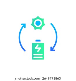 Icon Flat Gradient rechargeable battery powered by sun energy. Free energy, ecology, renewable, green energy and solar power plant concept. Gradient blue and Flat icon.