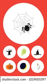 Icon flat halloween set of half moon, gourd, ghost and other vector objects. Also includes cranium, gourd, cobweb elements.